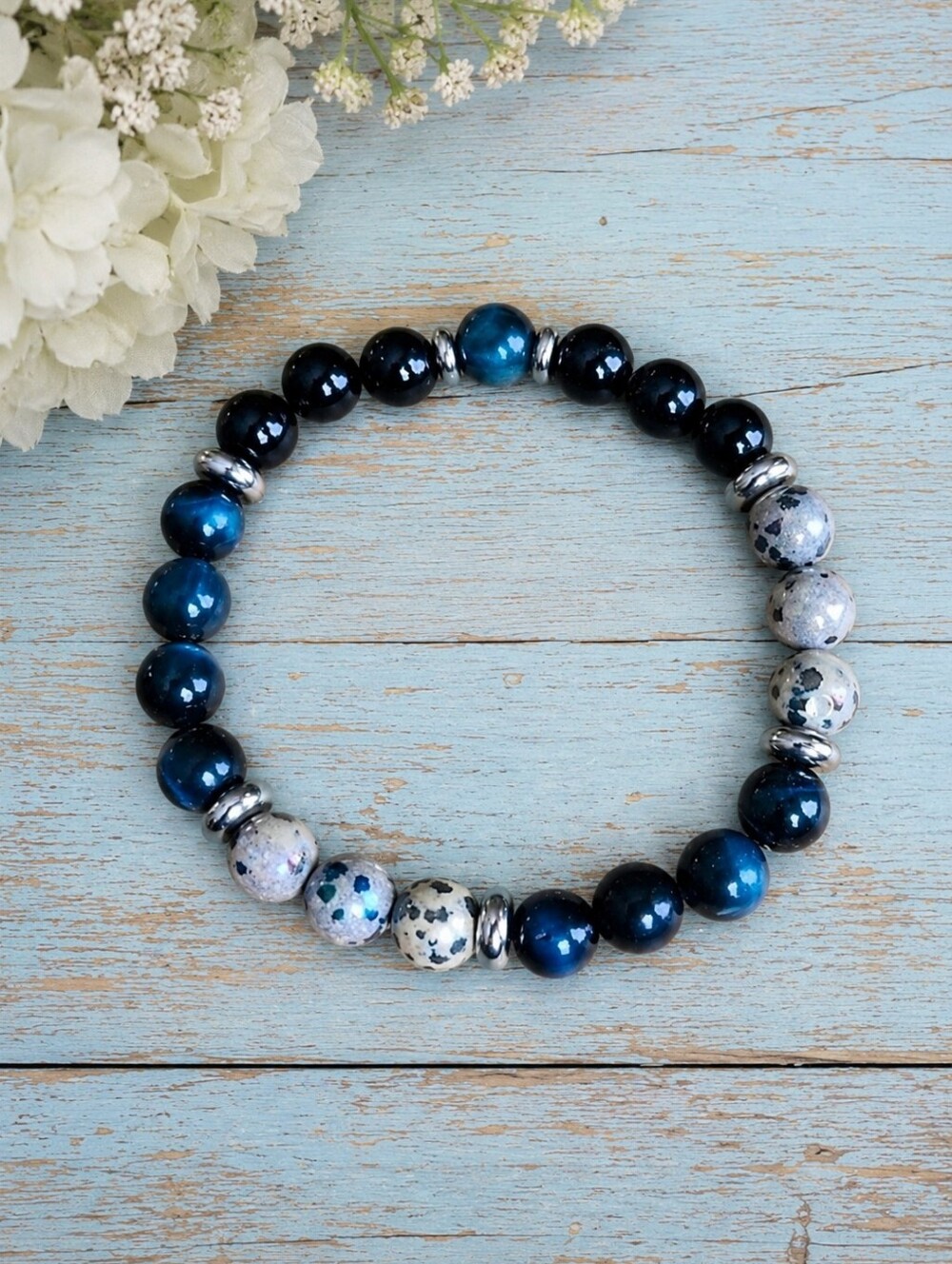 Blue Tiger Eye & Dalmatian Jasper Bead Stretch Bracelet | Handmade